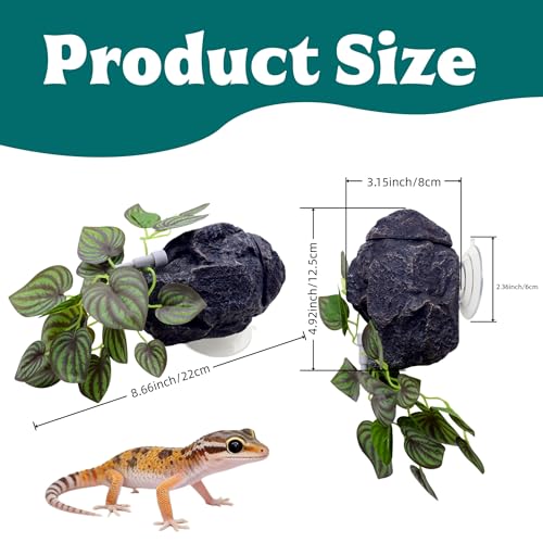 Reptile Water Dish with Dripper, Adjustable Wall-Mounted Water Bowl for Terrarium Humidity Control - Natural Rock Decor Feeding & Watering Dish for Gecko, Lizard, Snake, Frog & Small Reptiles