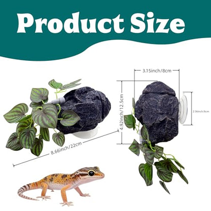 Reptile Water Dish with Dripper, Adjustable Wall-Mounted Water Bowl for Terrarium Humidity Control - Natural Rock Decor Feeding & Watering Dish for Gecko, Lizard, Snake, Frog & Small Reptiles