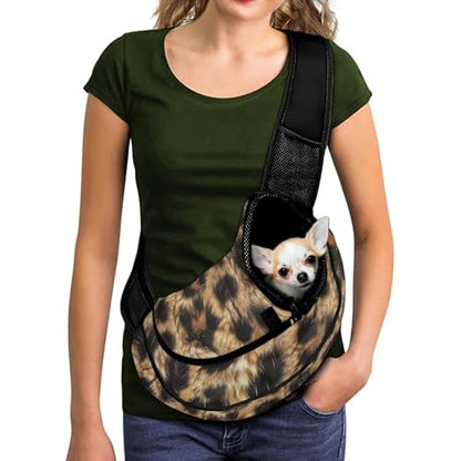 COEQINE Small Dog Carrier Sling Bag for Bike Hands-Free Cheetah Leopard Print Front View Cat Crossbody Purse with Safety Hook Jungle Adventure - color: Classic Leopard Print