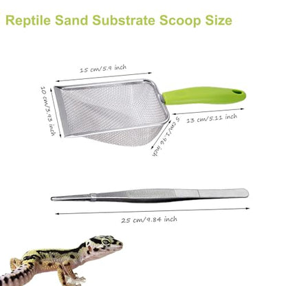 Reptile Sand Substrate Scoop Reptile Sand Fine Mesh Reptile Scooper Stainless Steel Terrarium Substrate Sand Bedding Litter Cleaner Scoop and Reptile Long Feeding Tongs Set (Green-2mm) | Stainless Steel 2mm Fine Mesh Reptile Scooper Terrarium Substrate Sa