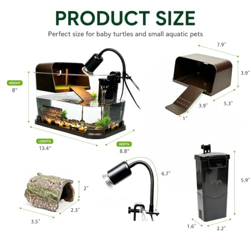 Turtle Tank Starter Kit, Durable PC Turtle Aquarium Kit with Basking Platform & Dimmable Heat Lamp, Baby Aquatic Turtle Tank with Filter, Complete Turtle Habitat Kit for Beginners