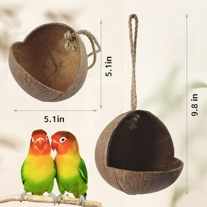 Natural Coconut Bird Nest,Hanging Coco Birds House Habitats Decor,Parrots Coconut Shell Nest Hideout with Grinding Beak Toys,Bird Cage Accessories Coconut for Canary Lovebird Cockatiel