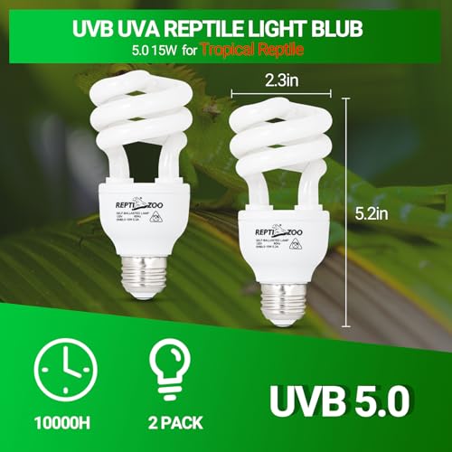 REPTI ZOO UVB Light for Tropical Reptile, 2 Pack 5.0 15W UVA UVB Reptile Light Bulb, UVB Lamp for Crested Gecko Leopard Gecko Frog Toad Snake Chameleon - size: 5.0 15W