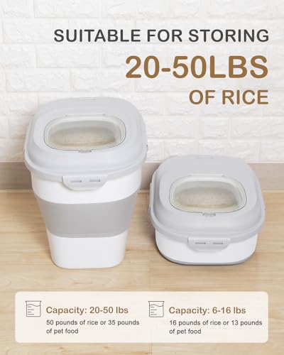 20-50 Lbs Airtight Food Storage Container Wheels,Collapsible Rice Container | Flour Storage Container with Double Airtight Seal,Rice Storage Container with Magnetic Lid,Keep Fresh for Pet Food,Rice,Flour - color: Grey/20-50LBS