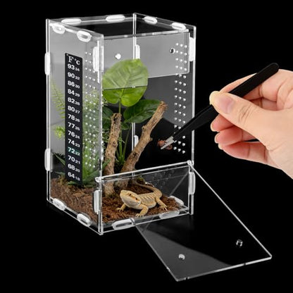 Jumping Spider Enclosure, 4x4x8 Inch Acrylic Reptile Terrarium Enclosure, with Magnet Front Opening Door, for Snail, Spiders, Mantis, Lizard, and Small Reptiles(Tweezer & Temp Sticker Included)