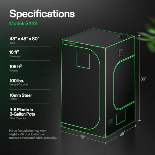 VIVOSUN S448 4x4 Grow Tent 48"x48"x80" Mylar Tent for Indoor Plants | Easy View Window,Heavy-Duty Zippers,100% Reflective Mylar Interior, Robust Steel Frame,Removable Floor Tray - size: 48"x48"x80"