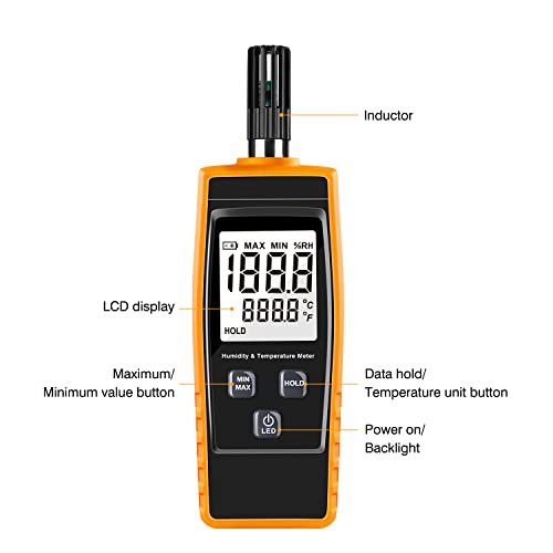 Handheld Humidity Meter, Digital Hygrometer Thermometer 0~100% RH/ -30~60°C (-22~140°F) LCD Display Backlight Moisture Tester Gauge for Outdoor, Home, Industry, Agriculture HVAC - Battery Included