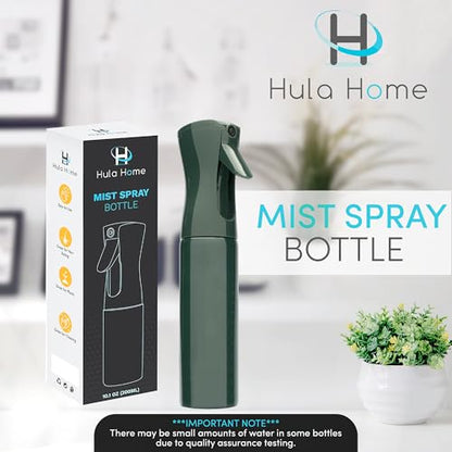 Hula Home Continuous Spray Bottle for Hair (10.1oz/300ml) Empty Ultra Fine Plastic Water Mist Sprayer – For Hairstyling, Cleaning, Salons, Plants, Essential Oil Scents & More - Green