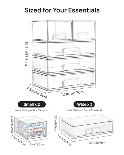 Vtopmart Clear Stackable Storage Drawers Set of 5, Plastic Organizer Bins for Makeup, Cosmetics, Beauty Supplies,Ideal for Vanity, Bathroom,Cabinet,Pantry Organization - style: 2 Small+3 Wide