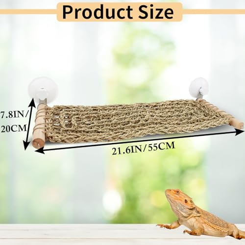 FlidRunest 21.6 x 7.8 in Seagrass Bearded Dragon Hammock for Window, Large Lizard Window Perch, Reptile Hammock Perch with Powerful Suction Cups for Lizard, Leopard Gecko, Chameleon