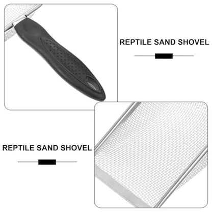Stainless Steel Reptile Tank Maintenance Tool with Arched Blade and Curved Shovel Face for Efficient Cleaning in Lizard Cages and Reptile Terrariums, Mesh Size 3.8x3.8mm Sand