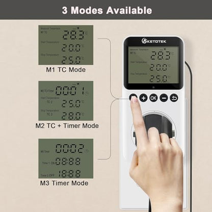 KETOTEK Digital Day/Night Temperature Controller 120V, Thermostat Outlet Plug with Timer, Thermostatic Outlet Switch 110V with 3m Sensor for Reptile Terrarium Greenhouse, Heating/Cooling Temp Control - style: KT3200pro No Backlit