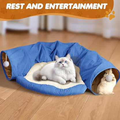 Spardar 2-in-1 Bunny Tunnel Bed, with Removable Mat Hideout, Blue | Collapsible Tunnel Tubes Toys, Washable, Interactive Toys for Rabbits, Chinchilla, Hedgehog, Guinea, Kitty - color: Blue