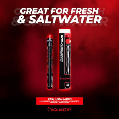 Aquatop 100W Premier Glass Heater with Guard – Submersible for Fish Tanks Up to 25 Gallons – 68-93°F Adjustable Temp – Fresh & Saltwater Use - size: 100 Watts
