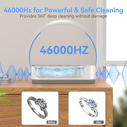 Jewelry Cleaner, 46KHZ, 12OZ Capacity, Ultrasonic Jewelry Cleaner with 50ml Solution, One-Touch Operation, Professional Ultrasonic Cleaner Idea for Silver, Gold Jewelry, Glasses, Rings, Diamond - color: White+SW001