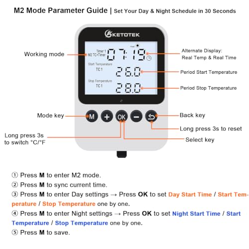 KETOTEK Digital Thermostat Timer Plug Outlet – Auto Day/Night Temperature Controller, Temp Switch 120V Backlit LCD for Reptile Terrarium & Greenhouse, 3 Modes Selectable, 3m Sensor Probe