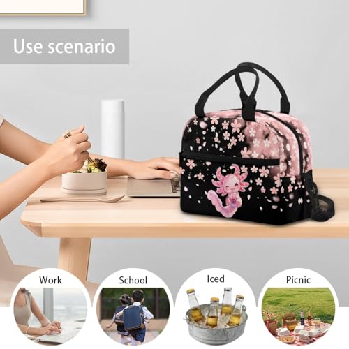 Lightweight Kids Lunch Bag Axolotl Print: Cherry Blossom Main Compartment Fits Lunch + Drink + Snack - Insulated Lining - Good for Aquarium Visit, Art Class & Birthday Party - color: Axolotl Cherry Blossom Print