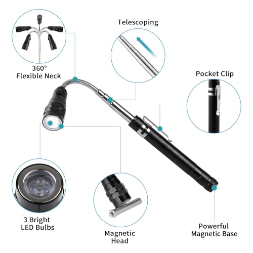 3 Pack Telescoping Inspection Mirrors LED Light & Magnet Flashlight Pickup Tool Set, Large 3.75" Round, 3.3" Square Mirror, for Inspection Viewing, Mechanic Checking, Observation - style: Inspection Mirrors & Magnet Flashlight