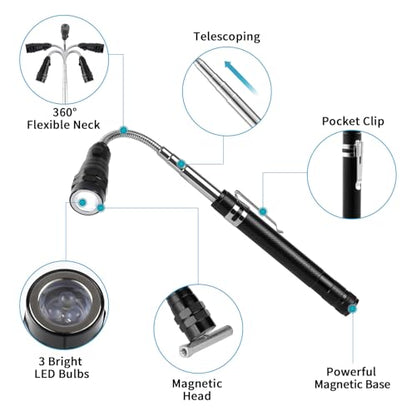 3 Pack Telescoping Inspection Mirrors LED Light & Magnet Flashlight Pickup Tool Set, Large 3.75" Round, 3.3" Square Mirror, for Inspection Viewing, Mechanic Checking, Observation - style: Inspection Mirrors & Magnet Flashlight
