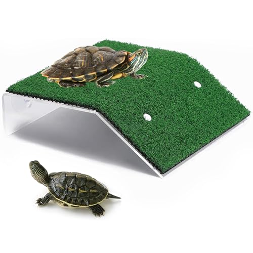 Turtle Basking Platform - 5.9 X 8.7 X 1.3 Inches Tortoise Basking Platform - Simulation Grass Tortoise Ramp with Suction Cup - Turtle Resting Terrace for Reptile, Terrapin, Frog