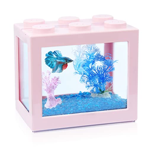 Small Betta Fish Tank, Stackable Mini Fish Tank Aquarium Tank Kit, 3/5 Gallon Rectangular Fish Bowl with Aquarium Gravel Decoration, Tiny Cube Tank for Seaweed Balls Sea Monkeys - color: Pink