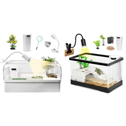 AZV Turtle Tank Starter Habitat Kit,Complete Aquatic Terrarium Enclosure with Filter,Basking Platform with Hideout,Multi-Function Area,Drainage,Plants and Lamps and AZV All in One Turtle Tank Kit