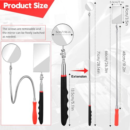 Telescoping & Bendable Inspection Mirror – Round & Square Heads, Black/Orange | 360° Swivel Neck, Telescoping & Bendable Handles, Metal & Glass Build, for Dead Angles & Tight Spots - color: Red/Black