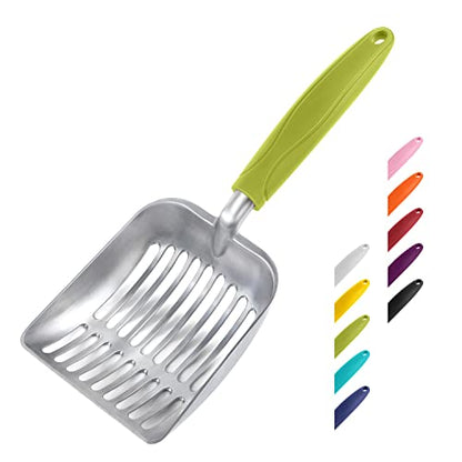 Cat Litter Scoop, Aluminum Alloy Sifter, Kitty Metal Scooper, Deep Shovel, Long Handle, Poop Sifting, Kitten Pooper Lifter, Durable, Heavy Duty, for Litter Box - color: FLAT Aluminum \ #03 Green Handle, size: Small