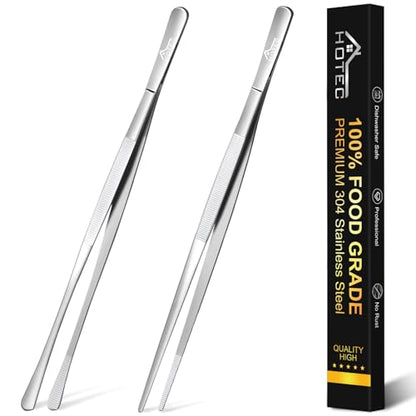 HOTEC Kitchen Tweezers Tongs Stainless Steel Professional Chef Tweezers, Set of 2-12inch Extra-Long Food Tongs for Cooking,Grill and Baking - color: Silver, size: 2PCS: 12 Inch