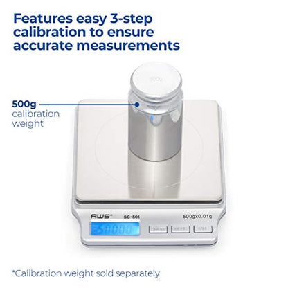 American Weigh Scales SC Series Precision Digital Kitchen Weight Scale, Food Measuring Scale, 2kg x 0.1g (Silver), AMW-SC-2KG (500g x 0.01g) - size: 500g x 0.01g