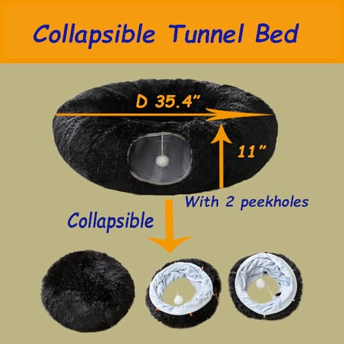 Cat Bed Tunnel Tube Toy Black Plush | Round, Collapsible Pet Tunnels for Indoor Cats, Interactive Toys Play Tubes with Hanging Ball for Kitten, Puppy, Rabbit - color: Black Plush