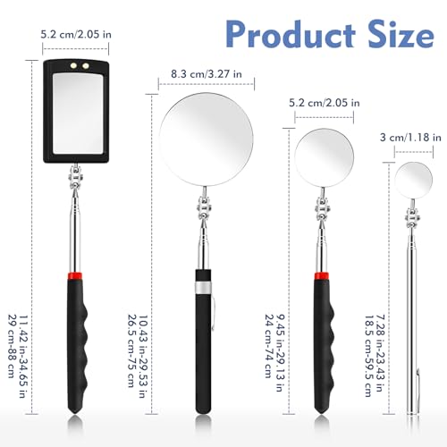CdbC 4 Pcs Telescoping Mirrors, LED Lighted Inspection Mirror Telescoping, 360 Rotation Mechanic Mirror Extendable, Flexible Telescopic Mirrors Tool for Checking Vehicle Observing Small Parts