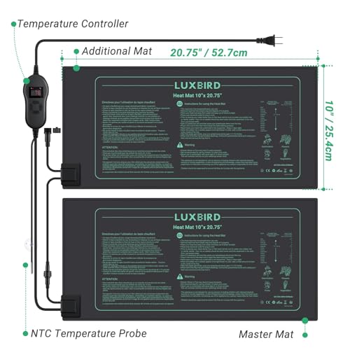 LUXBIRD 4 Pack Seedling Heat Mats with Digital Thermostat Controller, 10" x 20.75" Waterproof for Seed Starting, Germination, Hydroponics, Brewing, Breeding, Greenhouses (LB-HT04) - size: 4 Pack-10x20.75