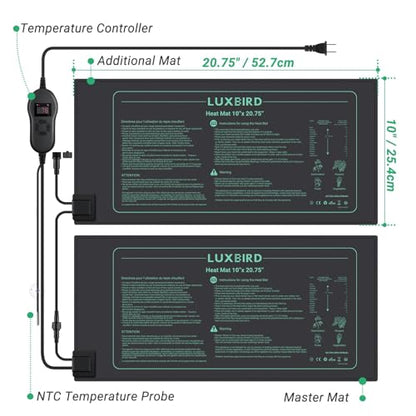 LUXBIRD 4 Pack Seedling Heat Mats with Digital Thermostat Controller, 10" x 20.75" Waterproof for Seed Starting, Germination, Hydroponics, Brewing, Breeding, Greenhouses (LB-HT04) - size: 4 Pack-10x20.75