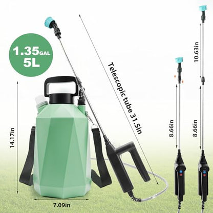 1.35 Gallon Battery Powered Sprayer, Electric Garden Sprayer with 3 Adjustable Pressures, Battery Indicator, Telescopic Wand, 4 Nozzles, Rechargeable Automatic Pump Sprayer for Lawn, Weed, Yard Care - color: Green