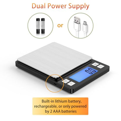 BOMATA Upgraded Small Food Scale with 0.1 g/0.001 oz High Precision | 3000 g/6.6 lb, New Hold Function, Larger Display, USB Rechargeable, Digital Kitchen Scale for Small Item, Jewelry. Black - size: 0.1g/3kg Black