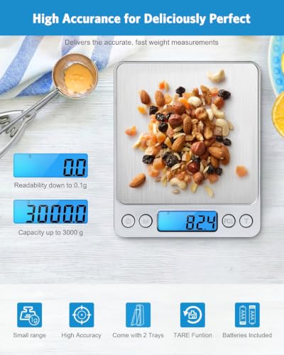 AMIR Digital Kitchen Scale, 3000g 0.01oz/ 0.1g Pocket Coffee Scale, Mini Food Scale, Pro Electronic Jewelry Scale with Back-Lit LCD Display, Tare & PCS Functions, Stainless Steel, Batteries Included - color: Sliver