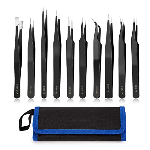 YHYZ 9PCS Precision Tweezers Set, Upgraded Anti-Static Stainless Steel Precise Tweezers (Fine, Curved, Flat), Perfect for Craft, Electronic, Soldering, Model, Hobby, Jewelry Making, Laboratory - style: 9pcs with case, V2
