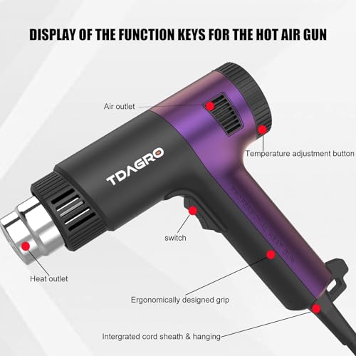 1800W Heat Gun (122℉-1202℉) with 4 Nozzles & Temp Control | Hot air tool with 2 fan speeds & built-in overload protection for safe, precise vinyl wrapping, resin DIY & shrink tubing.