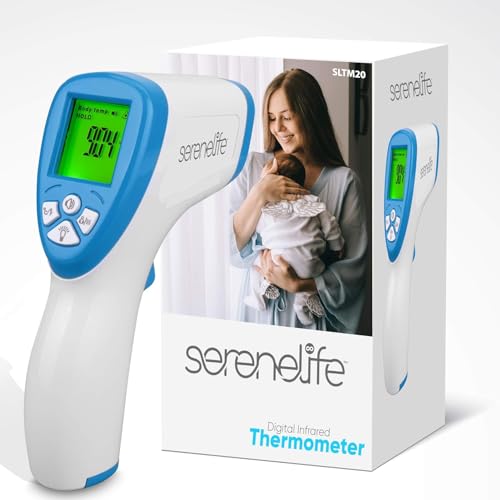 Serenelife Thermometer For Adults Non-Contact Infrared Thermometer Gun, Fast Accurate Readings, High-Fever Temperature gun Alert with 3-in-1 Readings