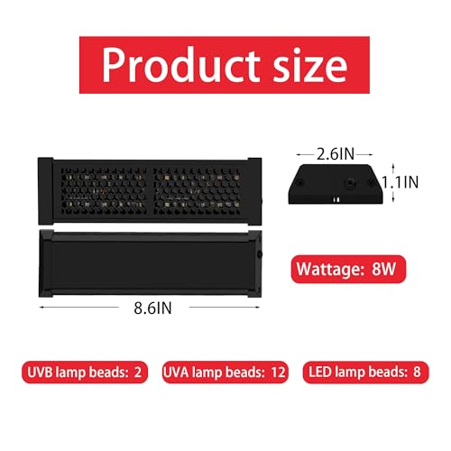 UVB & UVA Light for Reptiles, Dimmable LED Full Spectrum Sunlight Lamp with 3 Lighting Modes, 4/8/12H Timer for Tortoise, Gecko, Bearded Dragon, 8W Reptile Lamp, 8IN - size: 8IN