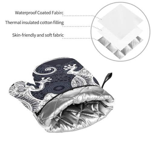 Gecko Lizard Abstract Reptile Animal Herpetology1 4-Piece Oven Mitts and Handle Covers Set - Heat Resistant Baking Gloves for Kitchen BBQ Grilling