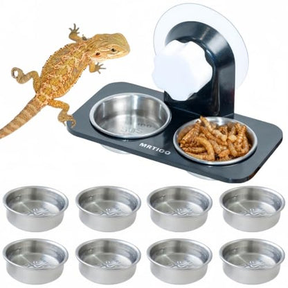 Lizard Gecko Feeding Ledge Holder, with 0.5oz Stainless Steel 10Cups | Gecko Feeding Ledge, Non-Suction Cup, with Stainless Steel Cups, Reptile Food Bowls Water Dish,Lizard Accessories Supplies