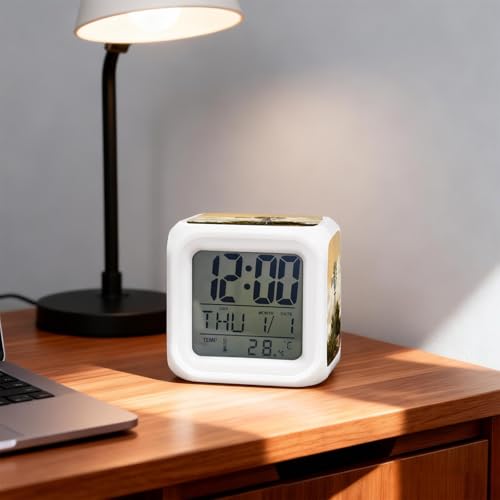 Windmill Alarm Clock, Windmill Farmhouse Sunset Field Trees Rustic Digital Clock Night Light with 7 Color, Calendar Temperature Display, NightLight Clock for Bedroom, 3.2x3.2in - color: Gold,amber,green