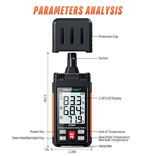 HT607 Temperature Humidity Meter - Large LCD Backlight with Cover Protector | High-Precision Digital Hygrometer with Ambient, Relative Humidity, Dew Point, Wet Bulb Thermometer, Min/Max Hold