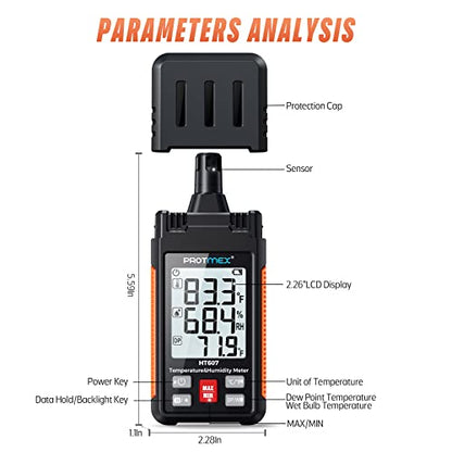 HT607 Temperature Humidity Meter - Large LCD Backlight with Cover Protector | High-Precision Digital Hygrometer with Ambient, Relative Humidity, Dew Point, Wet Bulb Thermometer, Min/Max Hold