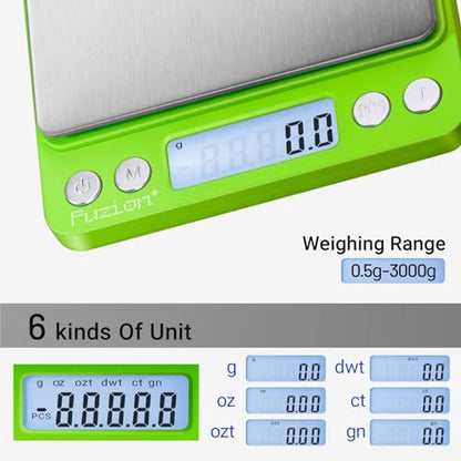 Fuzion Small Gram Scale 3000g, Digital Kitchen Food Scale, Gram and Ounce | 0.1g Accuracy, 6 Modes, 2 Trays Included, Tare Function, Piece Counting, For Food, Coffee, Cooking, Herb, Reptiles, Coins - color: Green
