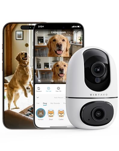 VIRTAVO AI Pet Camera Indoor with Phone App for Dog, Cat, Puppy, Dual-Lens | 360° Auto Tracking & Pet Calling, No Subscription, Wi-Fi 6 (5GHz/2.4GHz), Apple Watch & Alexa Compatible - size: XD1-PET-1PACK