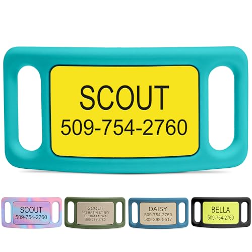 GoTags Active Silent Dog Tag, Personalized Engraved Silicone Pet ID Tags | Soundless Quiet Slide On Nameplate for Cat Collars with Name and Number, No More Jingling Tags (Mango Surf, Large) - color: Active Mango Surf, size: Large (Pack of 1)