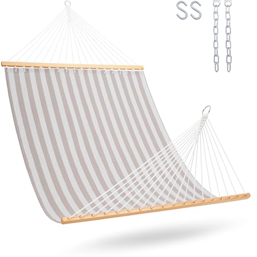 Lazy Daze Double Textliene Quick Dry Hammock with Spreader Bar for Outdoor | 11 Ft Hammock for 2 Person, Weather Resistant Fabric, 450 Lbs Capacity, Hammock Bed 78 x 55 In with Carabiners, Chains - color: Beige White Stripes